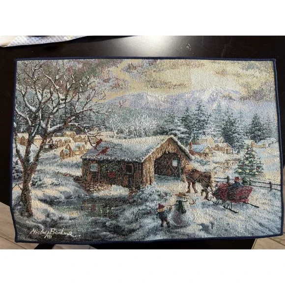 Lot of 3 Vintage Traditional Tapestries table setup Village covered bridge‎ USA