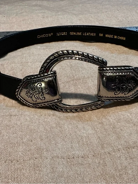 Chico's Black Leather Belt with Embossed Silver Buckle