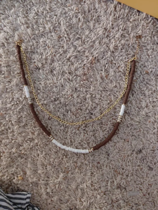 Handmade Two-Layer Gold Chain Necklace with Brown and White Beads