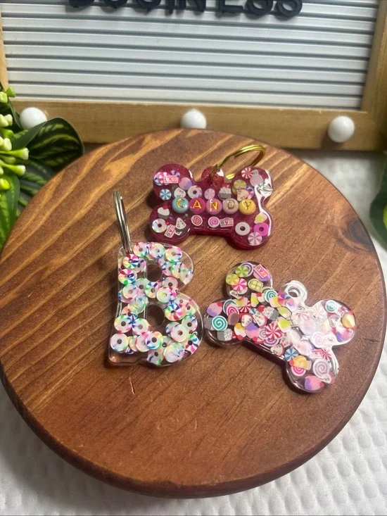 Kids Candy-Pattern Resin Initial & Bone Keychains - Pink Multicolor