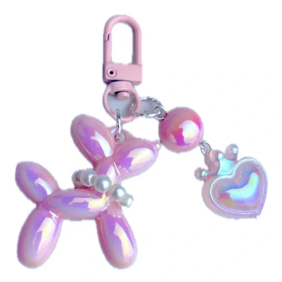 Pink Balloon Dog Poodle Keychain with Heart Charm