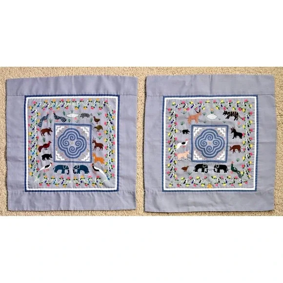 Vintage Hmong Hand Embroidered Story Cloth Tapestry Matching Set of 2 17.5x17.5