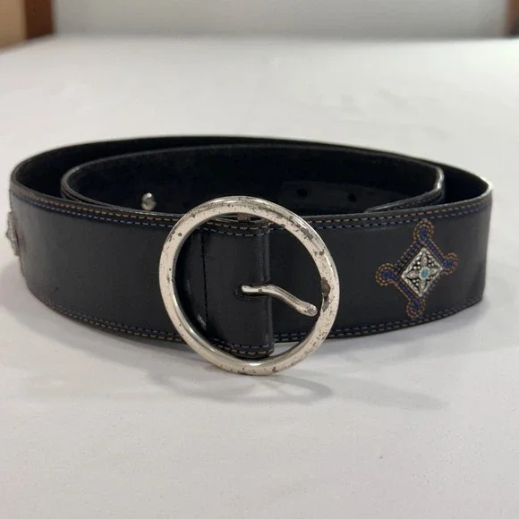 Brighton Embroidered Leather Western Belt‎ Womens 34 Black Silver Buckle | Boho