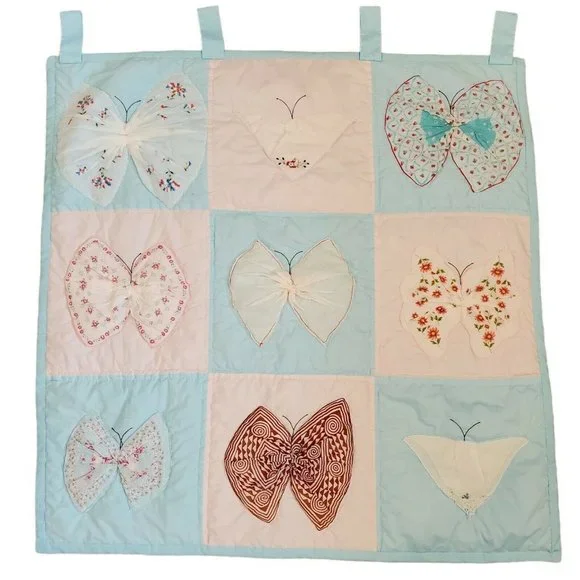 Vintage Butterfly Floral Quilt Tapestry Embroidered Pastel Blue‎ Pink 42 x 42