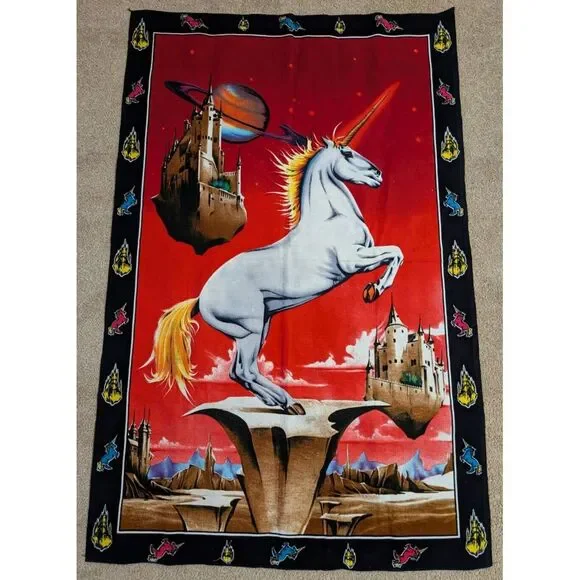 Vintage ATC NY Unicorn Fantasy Tapestry‎ Psychedelic Space Castle 80s Wall Art