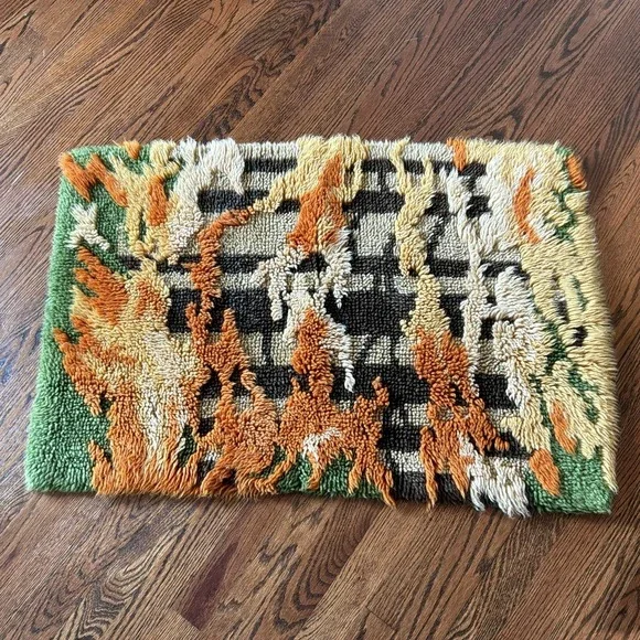Vtg MCM‎ Hook Rug Wall Hanging Rya Style Abstract Retro Tapestry 24 X 36