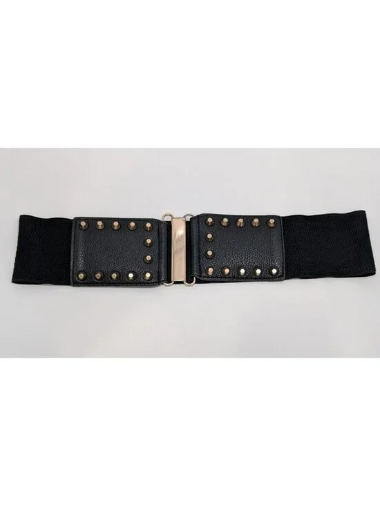 Black Elastic Studded Faux-Leather Wide-Waist Belt