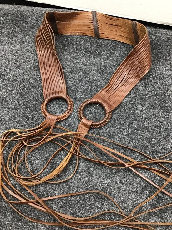 Vintage 70’s boho wide leather multi strand ring fringe tie cinch belt