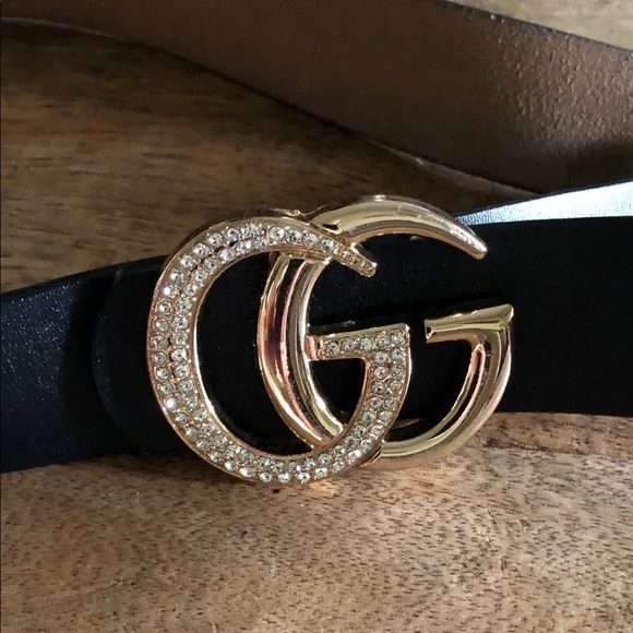 Gold Double-G Crystal Buckle Black Leather Women's Belt