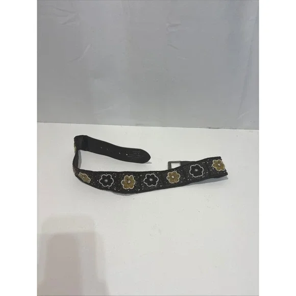 VTG India Beaded Floral Leather Belt Womens Medium Brown Gold Boho Wide Waist