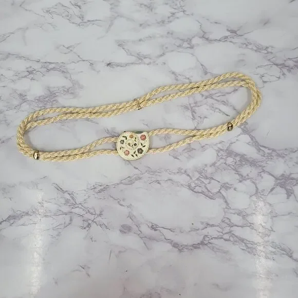 Vintage Cream Rope Belt with Gold Toned Cloissone Floral Enamel Seashell Buckle