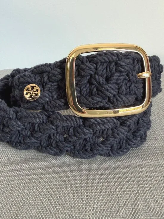 TORY BURCH Navy Blue Braided Rope Belt M/L Gold Buckle *Missing Label*