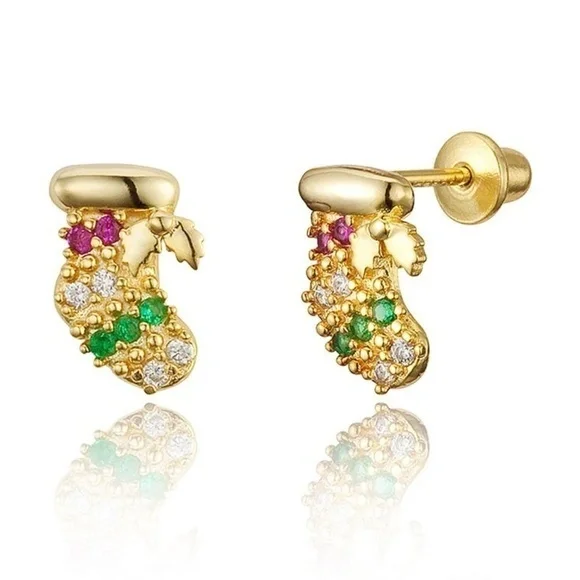 New Gold plated Christmas Stocking CZ Stud Earring