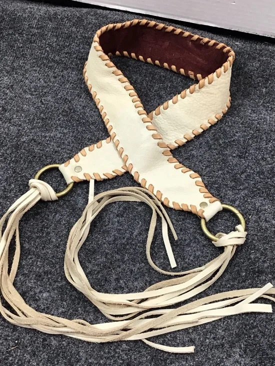 Vintage 70’s cream leather whipstitch o-ring fringe boho tie belt