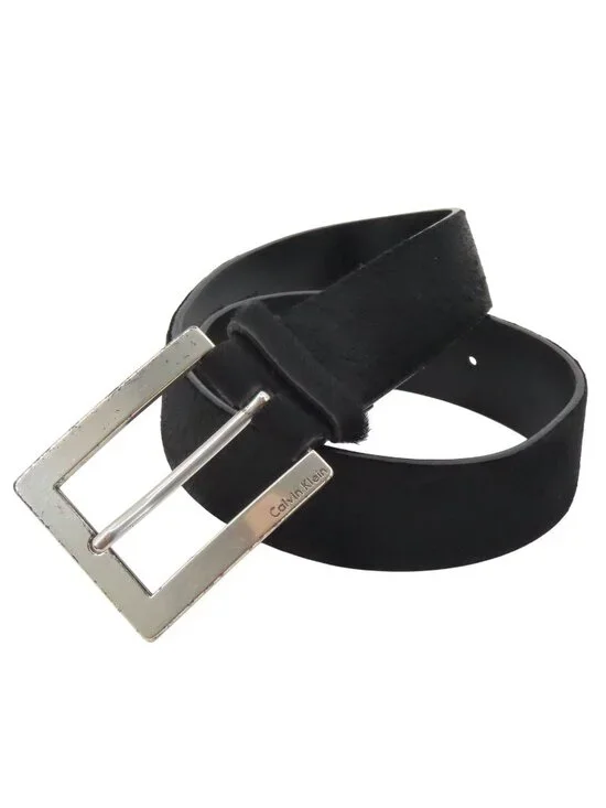 Calvin Klein Women Small Solid Black Genuine Leather Cow Hair Belt Silver Buckle
