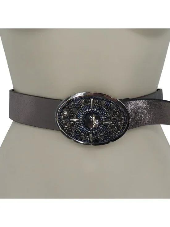 Chicos Women Small Metallic Silver Genuine Leather Belt Beaded Rhinestone Buckle