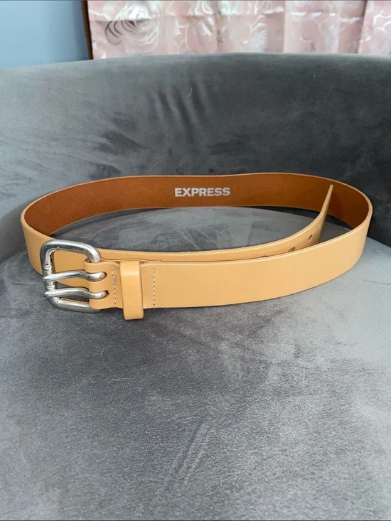 Vintage Express Tan Leather Belt Size L Double Prong Made in USA Y2K Boho Large