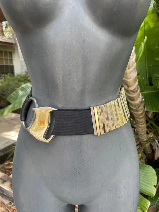 Chico’s gold and silver and black leather statement belt