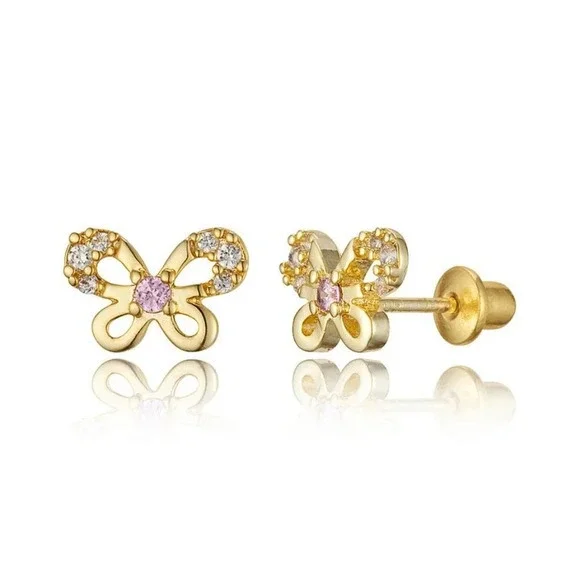 14k Gold Plated Brass Butterfly CZ Earrings kids baby