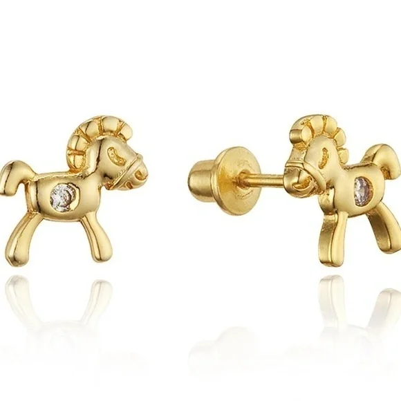 14k Gold Plated Horse CZ Baby Girls Stud Earrings