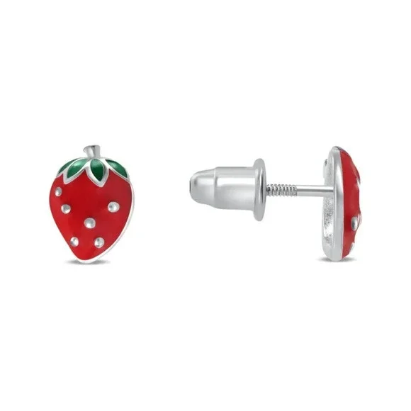 Silver 925 Rhodium Plated Strawberry Enamel Earring Stud