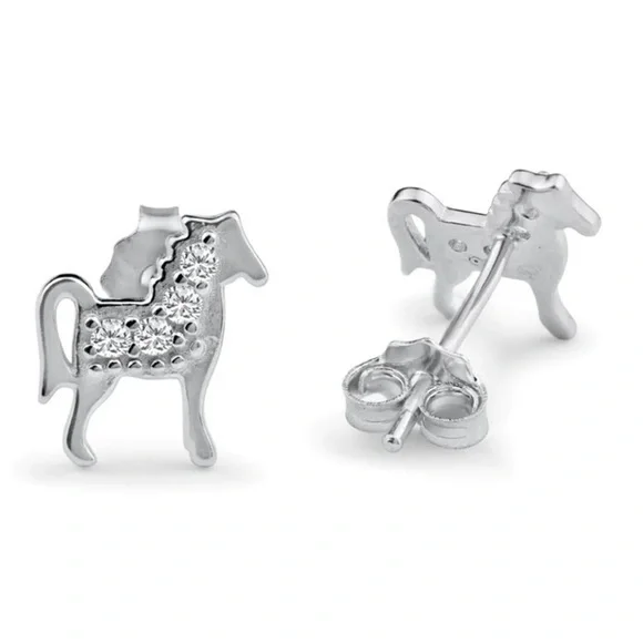 New Silver 925 Rhodium Plated Horse Earrings Clear CZ pushback Earrings