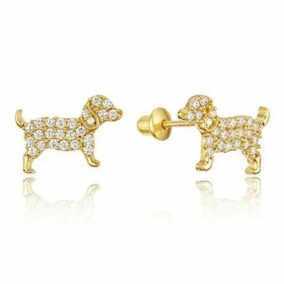 Kids Earrings 14k gold plated Dog Puppy CZ Girls.