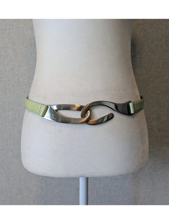 Vintage 90s seafoam skinny leather belt w/ sculptural hook buckle