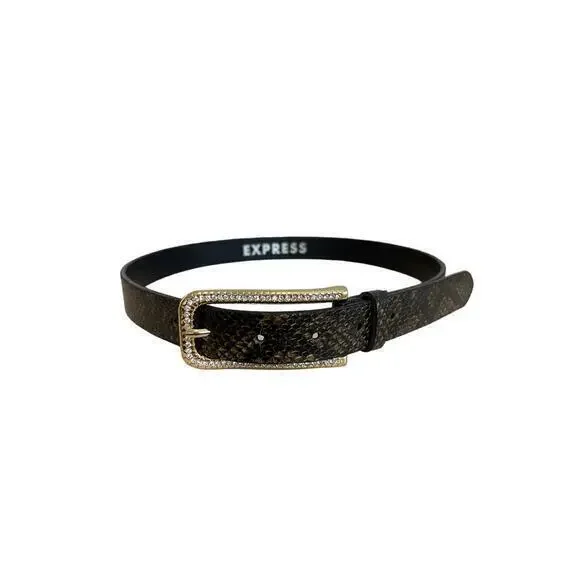 Express Snakeskin Print Leather Belt Womens S Black Gold‎ Rhinestone Buckle Chic