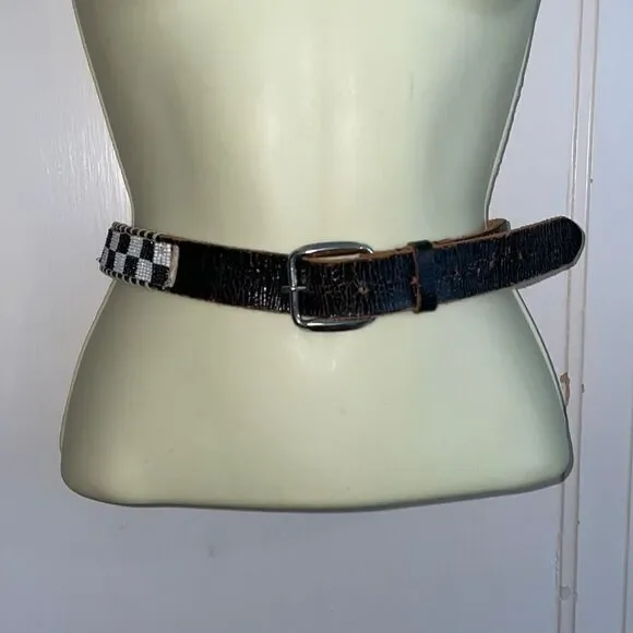 Vintage 80s Esprit black leather beaded black & white‎ check belt