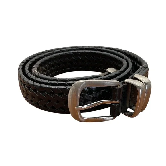 Black Braided Woven Leather Belt Silver Buckle‎ Metal Tip Size 38/95