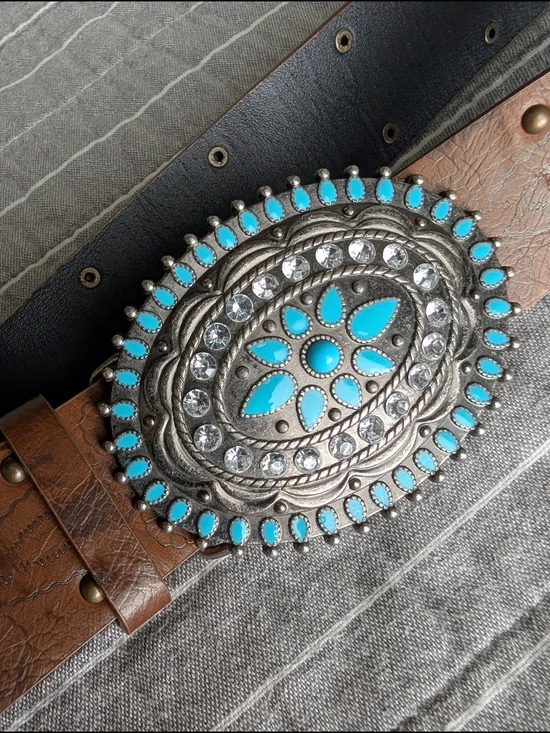 Southwestern Turquoise Enamel Silver Tone Concho Rhinestone Belt Size 7 31