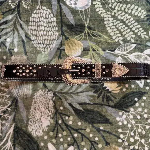 Y2K McBling Western Rhinestone and Cross Studded Black Crocodile Print Belt