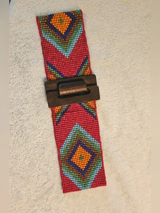 Beaded Handmade Stretch Wide Belt Geometric Wooden Buckle
