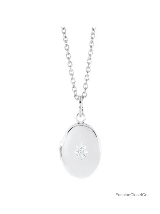Girls Sterling Silver Cubic Zirconia Oval Locket Necklace 15