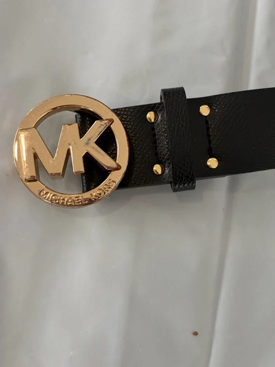 Michael Kors Black Leather Belt with Gold MK Circle Buckle