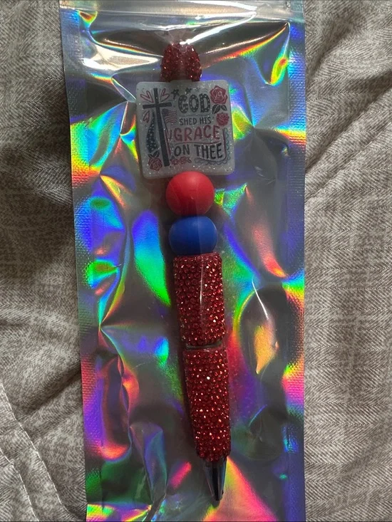 Decorative Pen with Red and Blue Beads - Inspirational Tag