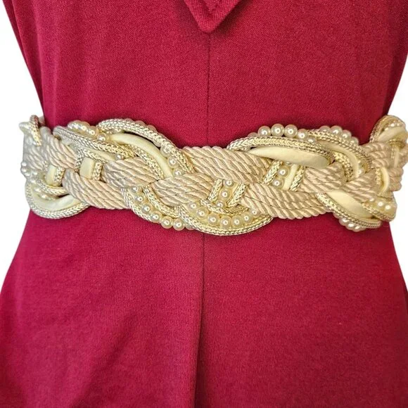 Womens Woven Cord Pearl Waist Belt Stretch Cream‎ Size Small 27-31