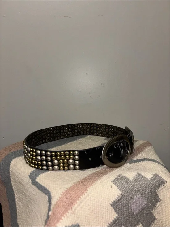 Chinese Laundry Black Studded Belt with Mixed-Tone Buckle