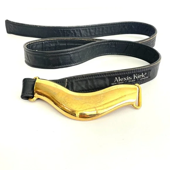 Vintage Alexis Kirk Black Leather Belt Gold Sculptural Statement Buckle 80s