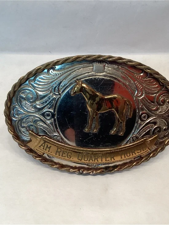 Vintage American Registered Quarter Horse Nickel Silver Horse Belt Buckle Brass