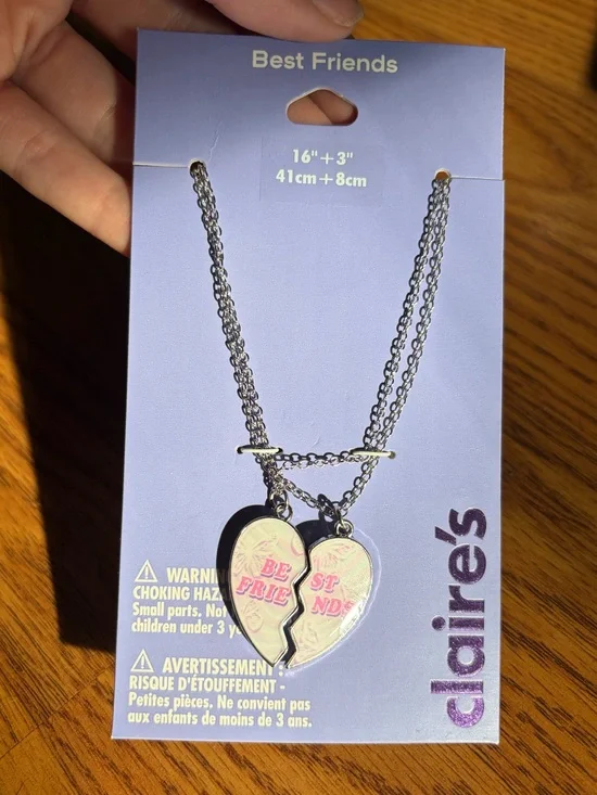 NWT-Claire's Silver Tone Pink Best Friends Broken Heart Necklace Set