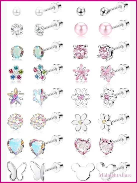 16 Pairs Hypoallergenic Screw Back Earrings Set 316L Stainless Steel CZ Studs