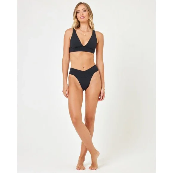 L*Space Quinn Bikini Bottom Womens Medium Black Stretch V Front Swimwear GBO2760