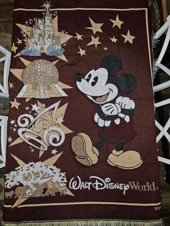 Vintage Walt Disney World 4 Kingdoms Mickey Mouse Tapestry Throw  Burgundy 50x60