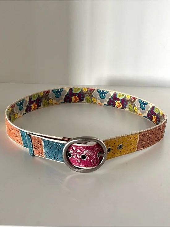 Vintage Fossil Multicolor Suede Patchwork Belt Eyelet Boho Floral Canvas Lined M
