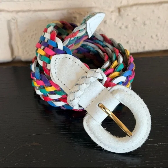Vintage 80s Rainbow Colorful Cord Braided Belt White Leather Buckle Accent 1X