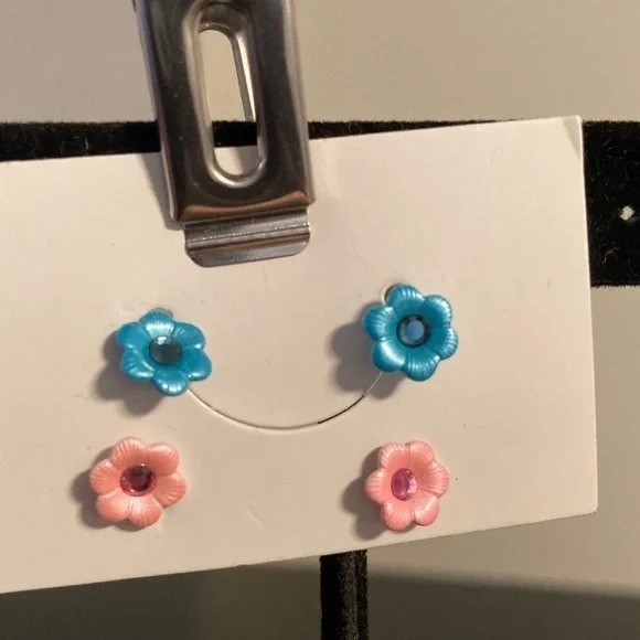 Floral Kids Earrings Set - Blue and Pink