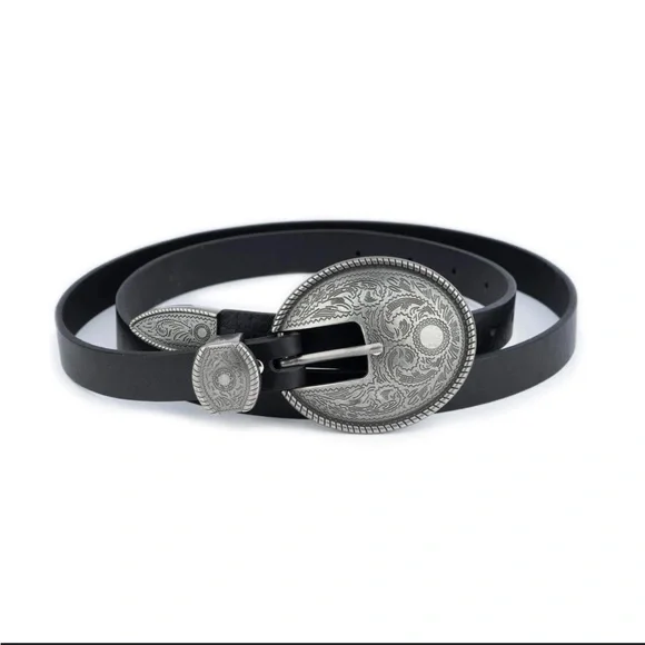 VERA PELLE Western 1.5” Black Leather Round Engraved Silver Buckle Belt MED‎ 35”