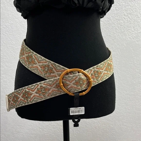 Womens Woven Aztec Embroidered Pattern Waist Belt Round Buckle Beige & Olive 19”